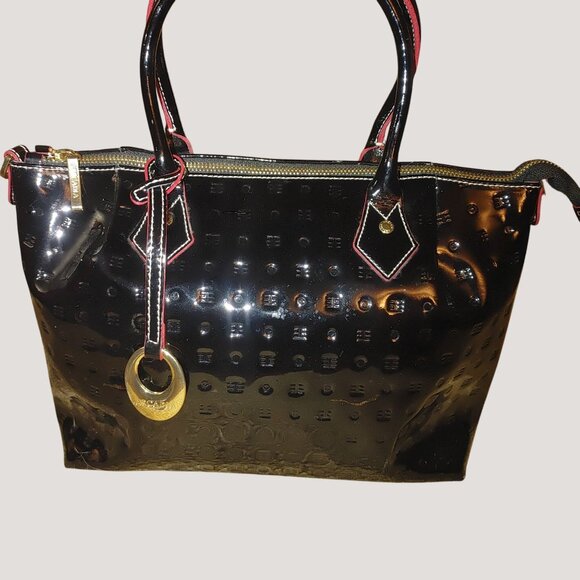 Arcadia Italy Handbag Satchel Black Patent Leather Embossed Design Gold Hardware - Picture 16 of 16